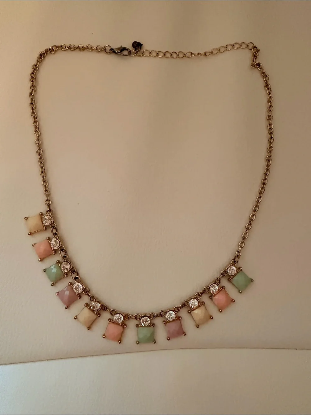 Pastel Square Drop Necklace with Crystal Accents - Gold Tone